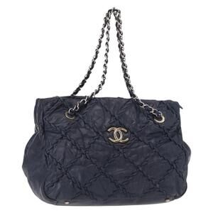 CHANEL Ultra Stitch Chain Tote Bag Calf Skin Navy Silver CC Auth 142101
